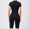 Women's Waist-Hugging Open-Neck Short-Sleeve Mesh Patchwork Yoga Jumpsuit - Fitness Sportswear