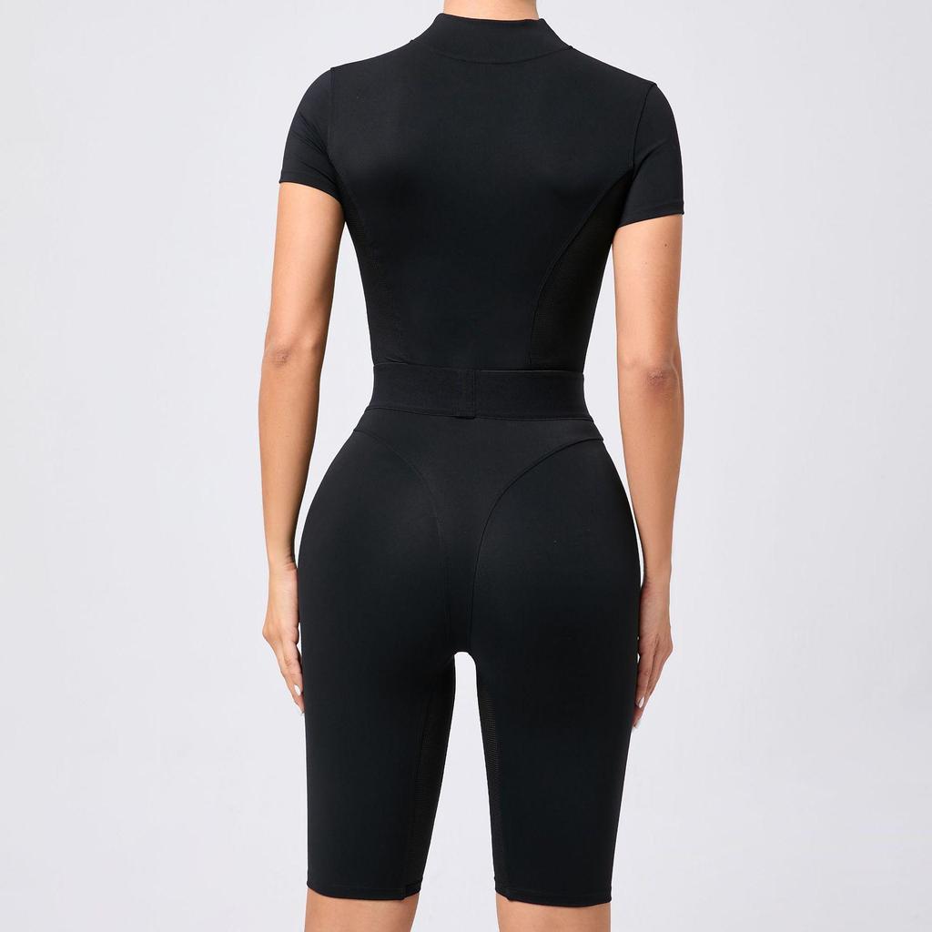 Women's Waist-Hugging Open-Neck Short-Sleeve Mesh Patchwork Yoga Jumpsuit - Fitness Sportswear