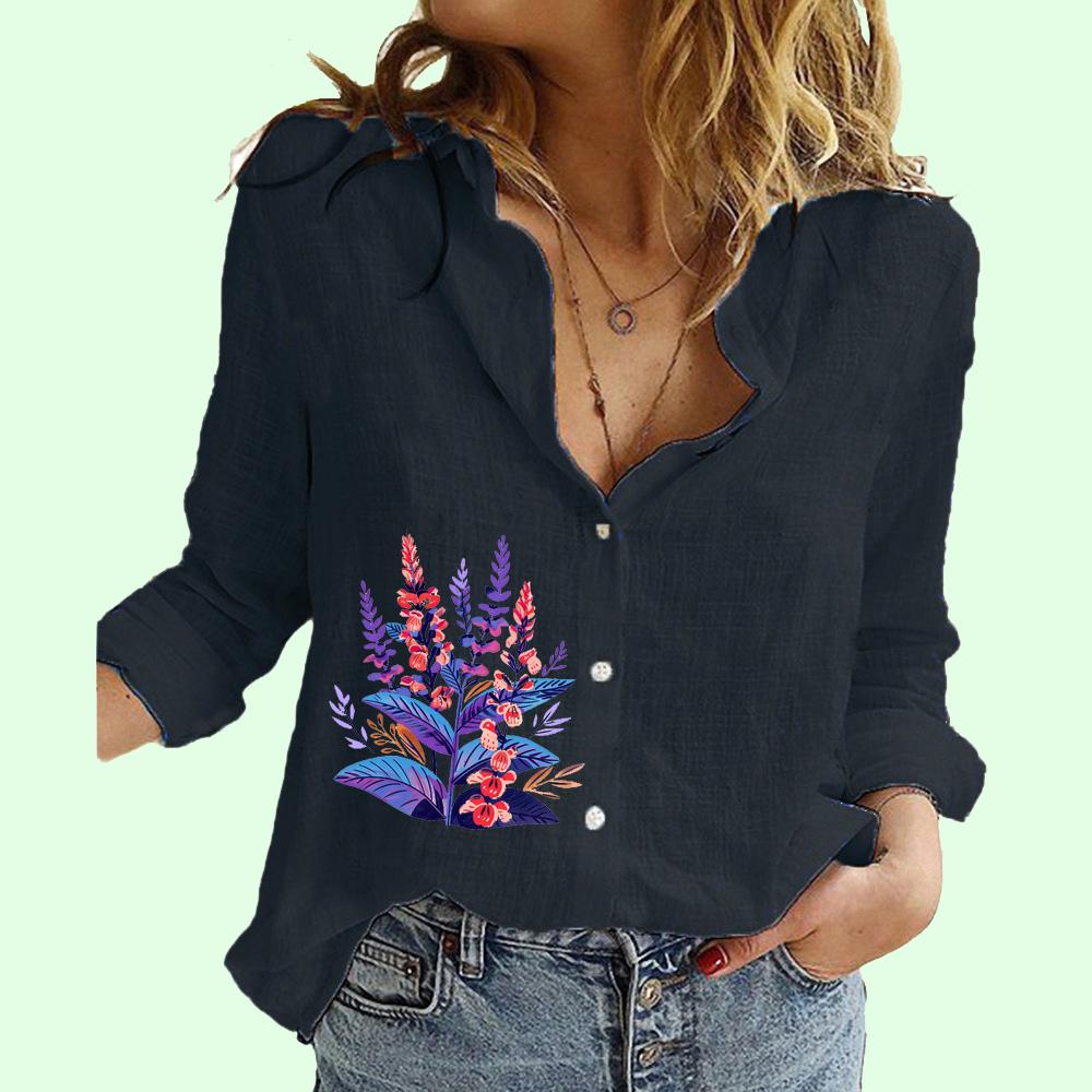 Women Fashion Button-up Shirt Summer&fall Cotton Linen Floral Print  Top Ladies Casual  Long Sleeve Blouse