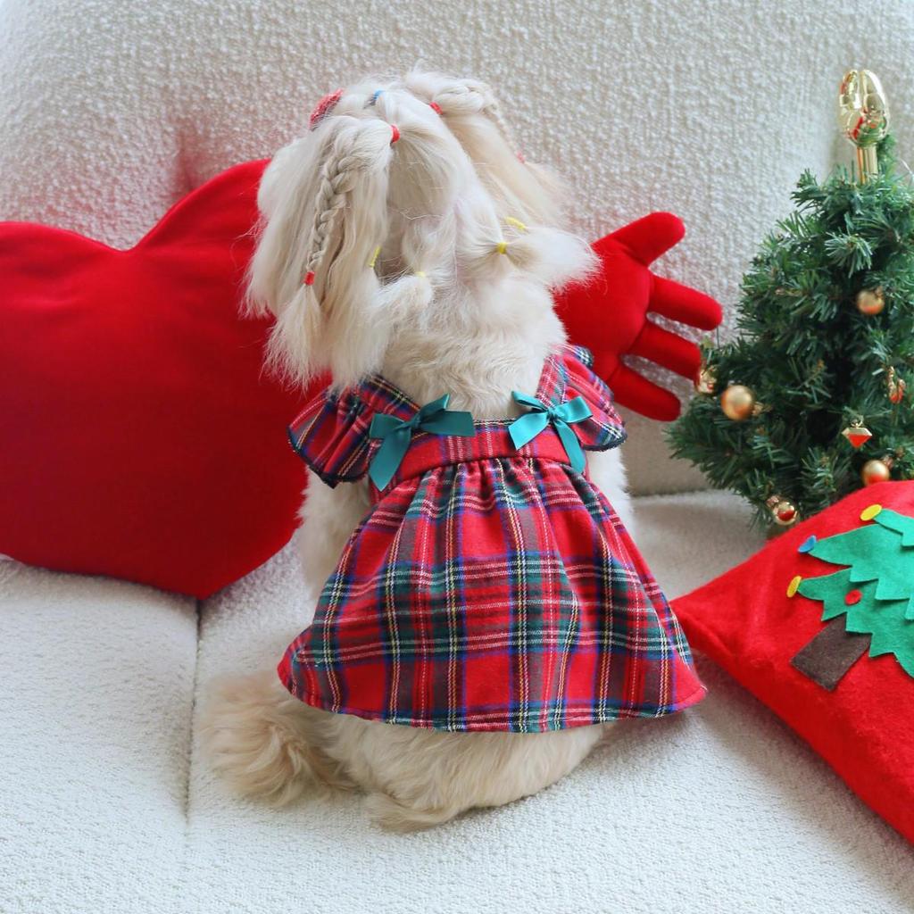 Pet Christmas Dresses: Cute Bowknot Plaid Overalls for Dogs and Cats
