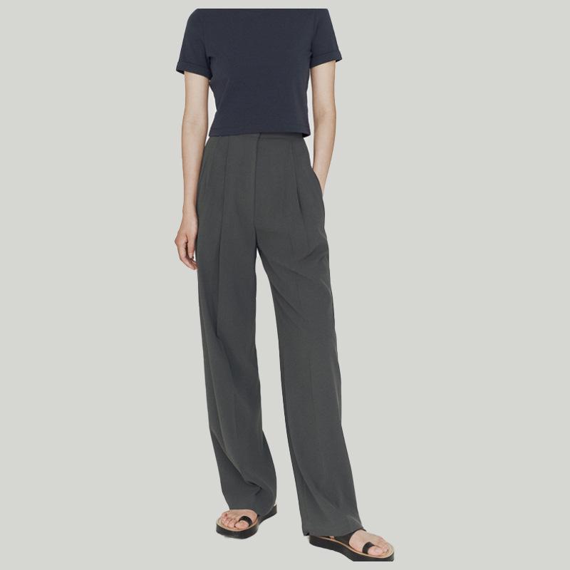 2026 Spring/Summer Women's Gray High-Waisted Wide-Leg Pants - Casual, High-End, Long, Straight-Leg Style