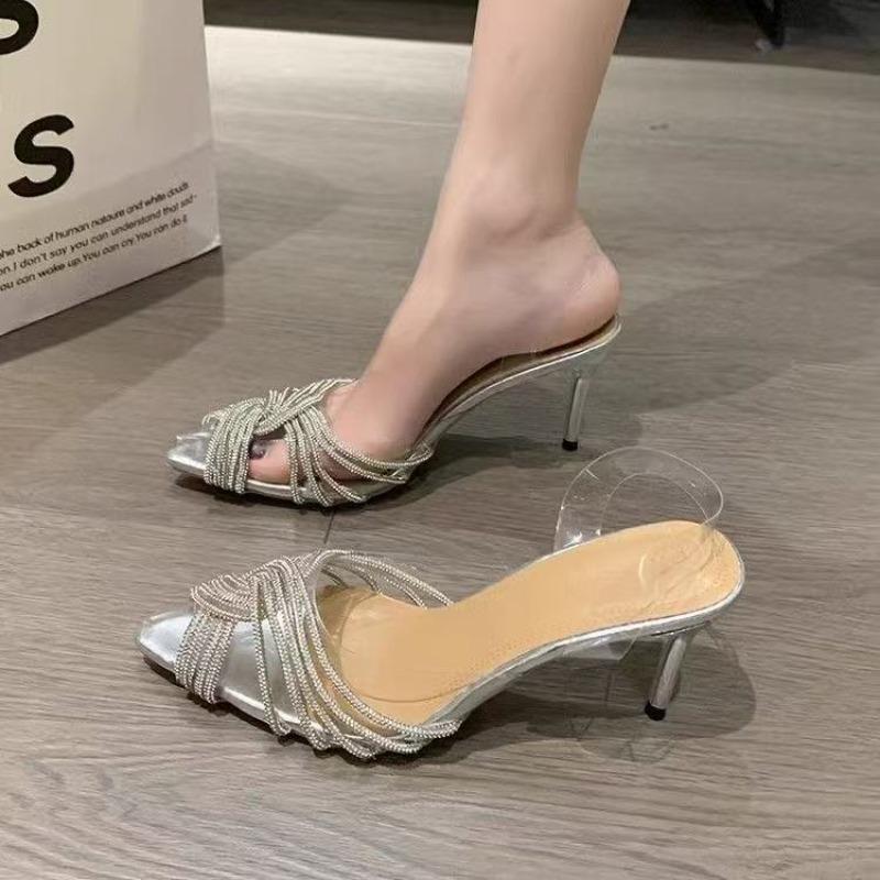 Women High Heeled Sandals 2025 Summer New Clear PVC Sandals Luxury Silver Crystal Pumps Sexy Pointed Toe Banquet Shoes for Women