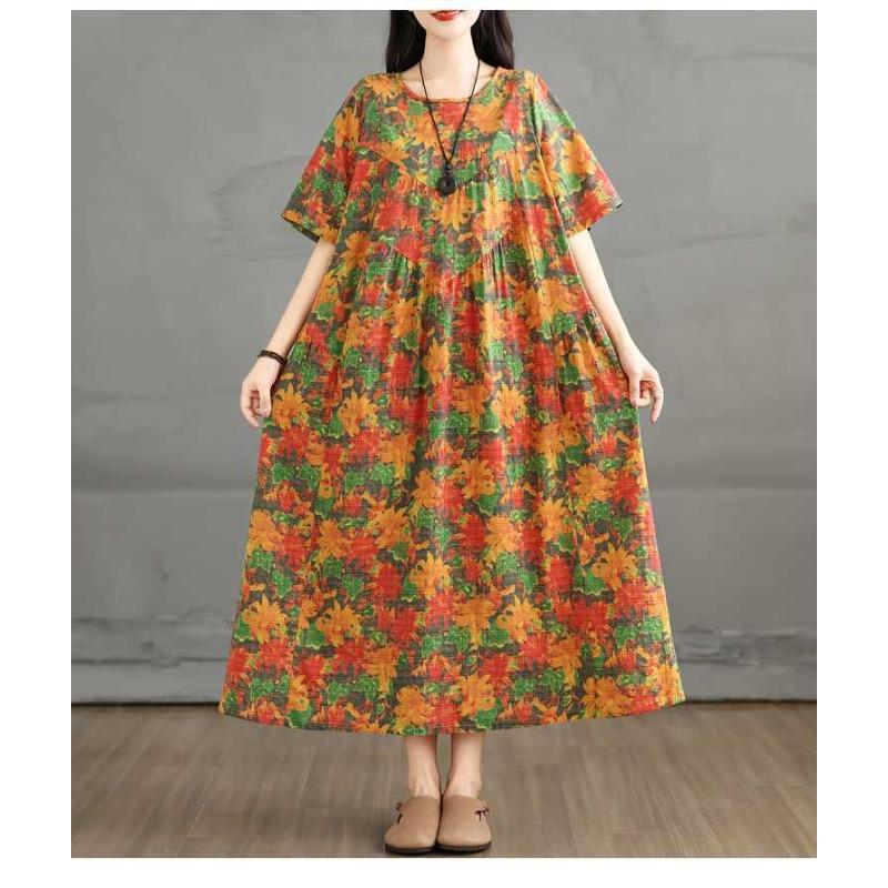 Summer Retro Cotton and Linen Round Neck Short Sleeved Dress, Women's Loose Skirt