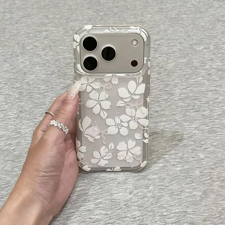 White Flower Drop-proof Transparent Phone Case for iPhone 14/15/16/17 Pro Max