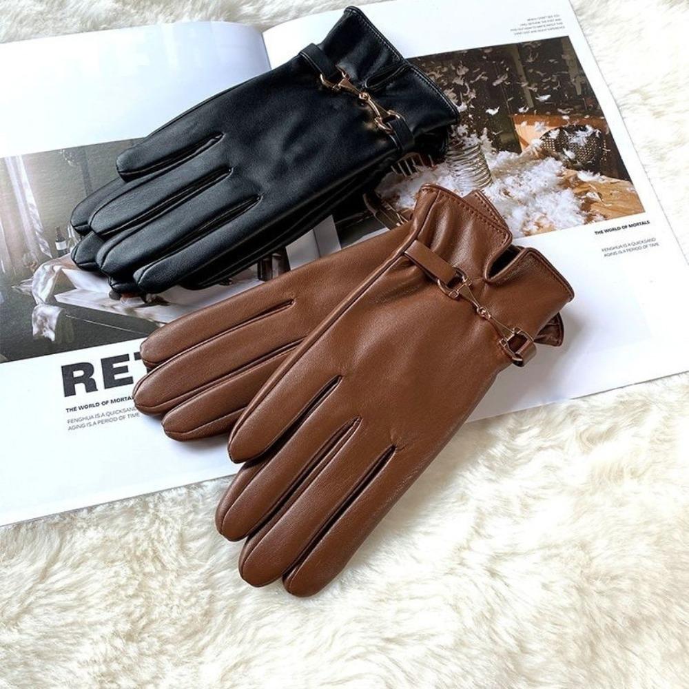 PU Full Finger Mittens Chain  Gloves Elegant Women Leather Gloves  Ladies