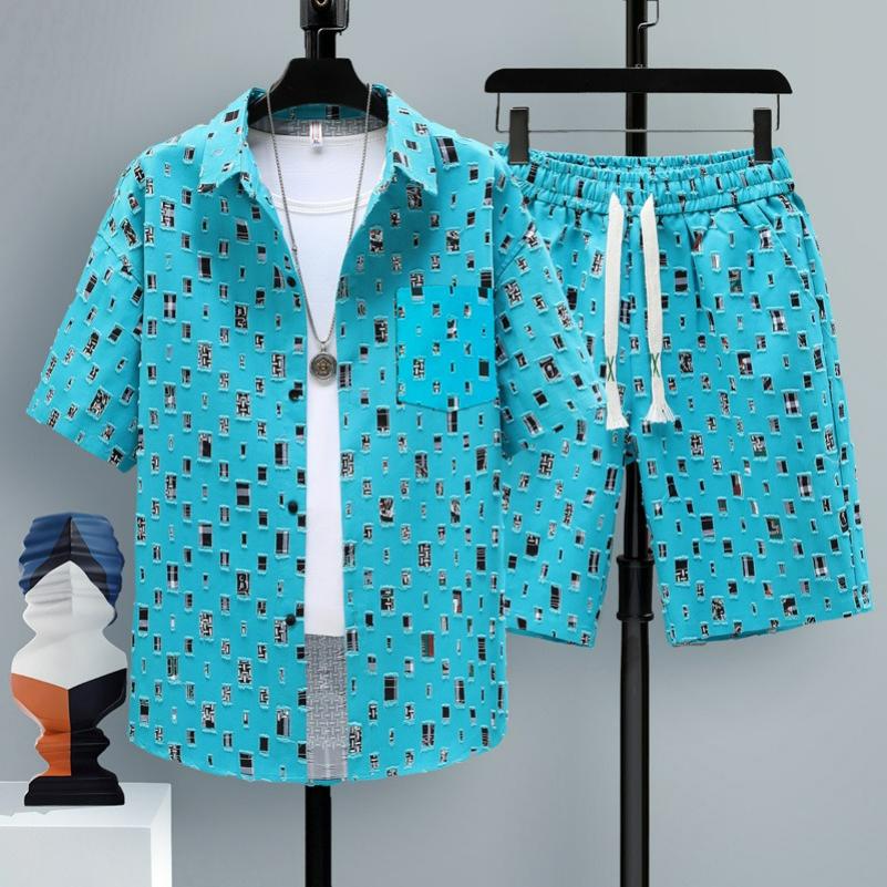 Men's Short-sleeved Suit Summer Leisure Sports Fried Street Trend Cool Shorts Two-piece Suit