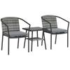 3 Pieces Rattan Bistro Set with Cushions, Wicker Garden Furniture Set, Glass Top Coffee Table and Chairs for Outdoor Patio, Balcony