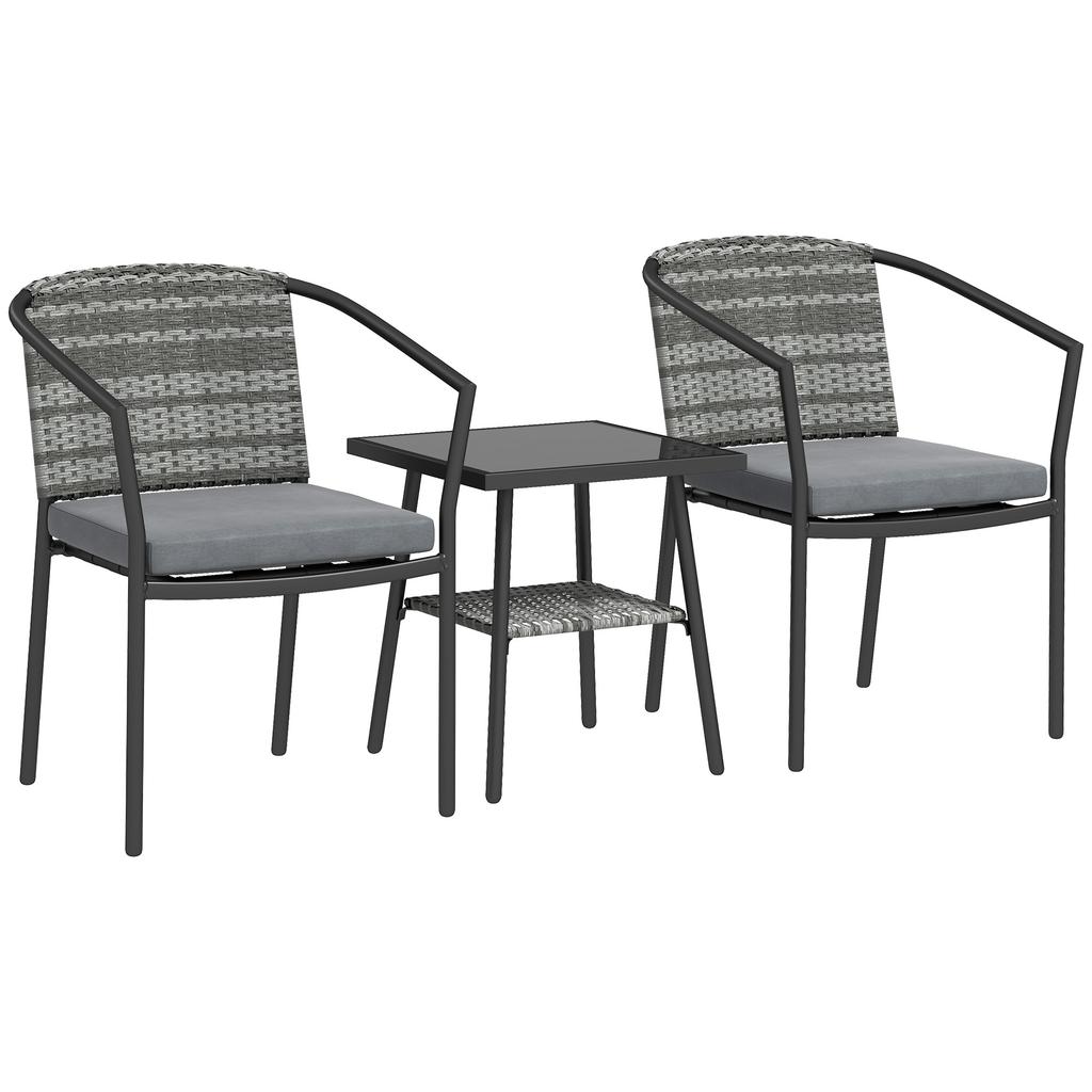 3 Pieces Rattan Bistro Set with Cushions, Wicker Garden Furniture Set, Glass Top Coffee Table and Chairs for Outdoor Patio, Balcony