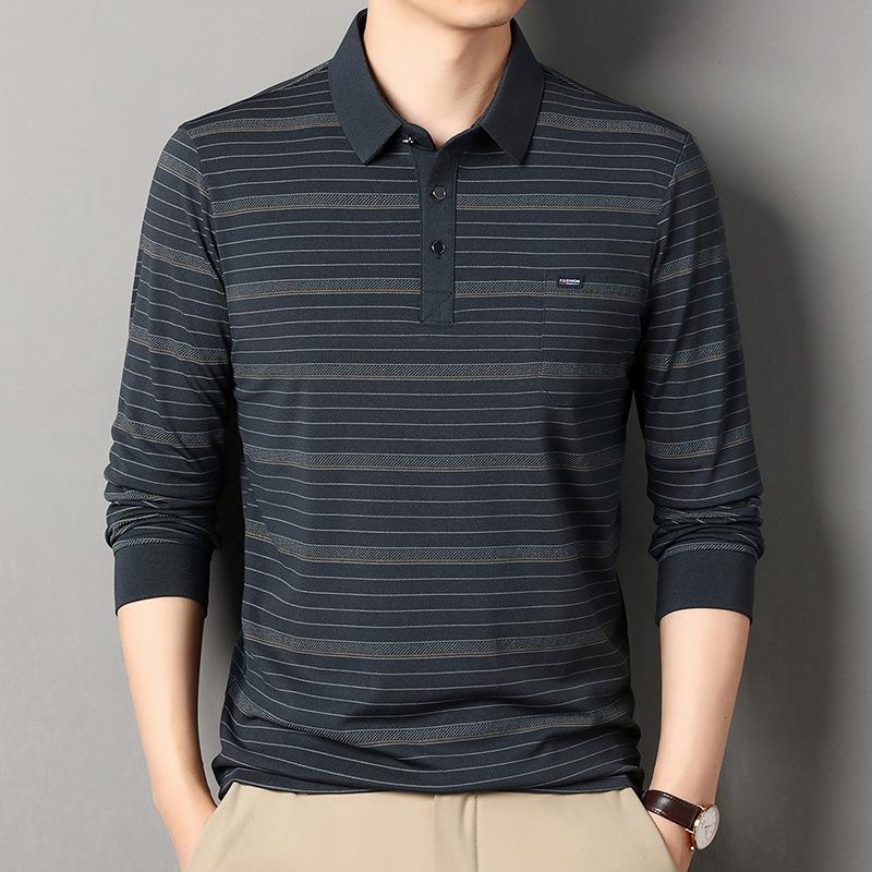 Tricou polo cu mânecă lungă, lejer, pentru bărbați, cu dungi, cu buzunar real în partea de jos