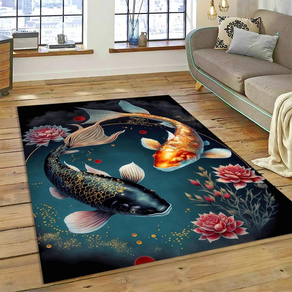 Koi Carp Naturalize Yin Yang Fish Cartoon Carpet Rug for Home Living Room Bedroom Sofa Doormat Decor,Kids Area Rug Non-slip Mat