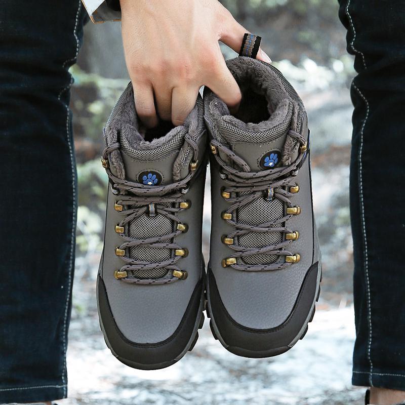 Winter Hiking Shoes Men Boots Outdoor Mid-top Casual Anti-slip Plush Breathable Men Shoes Lace-up Thick-soled Sports Shoes Men