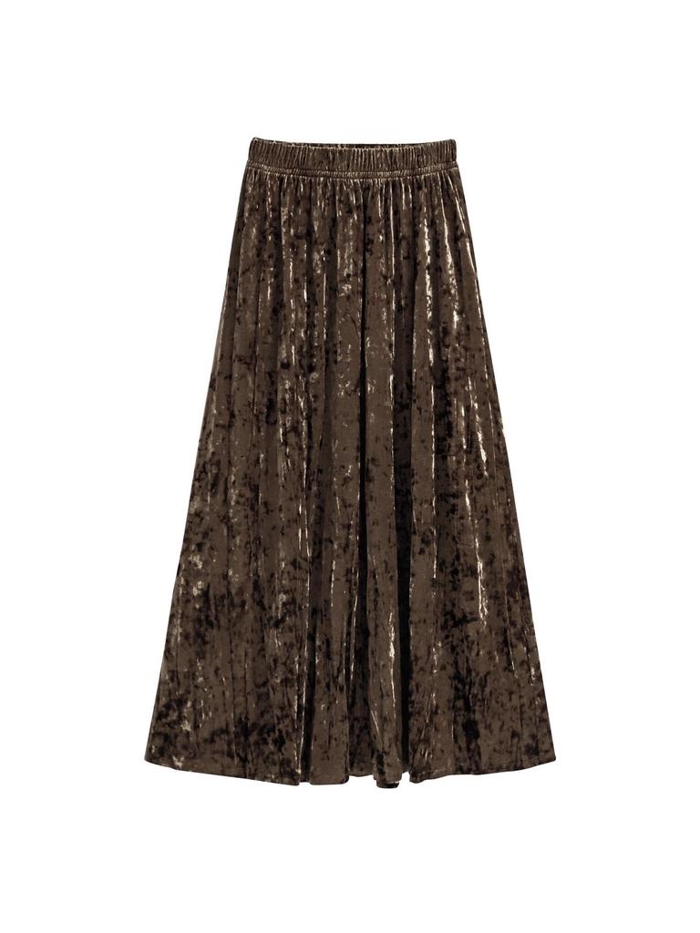 Pleated Velvet A-Line Skirt: Women's Versatile Mid-Length High-Waisted Slimming Style for Autumn and Winter