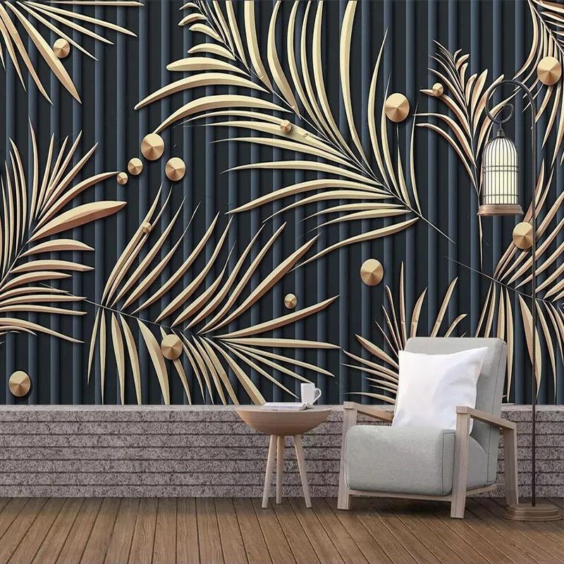 Carta da Parati Moderna 3d Piante Tropicali Foglie Metalliche Astratto Affresco Soggiorno Divano Camera da Letto Murale Decorazione Casa