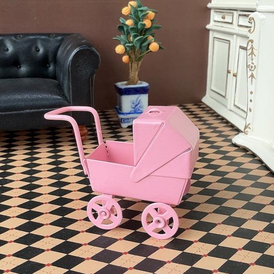 1:12 Miniature Baby Stroller Mini Nursery Car Toy Small Metal Baby Carriage Model for Kids Pretend Play Accessories Doll House Furniture