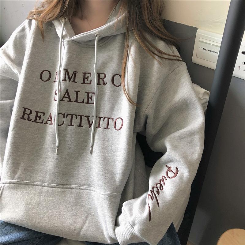 Women's Velvet Heavy Embroidery Loose Hooded Sweatshirt for Autumn and Winter Long Sleeve Base Shirt Jacket Top
