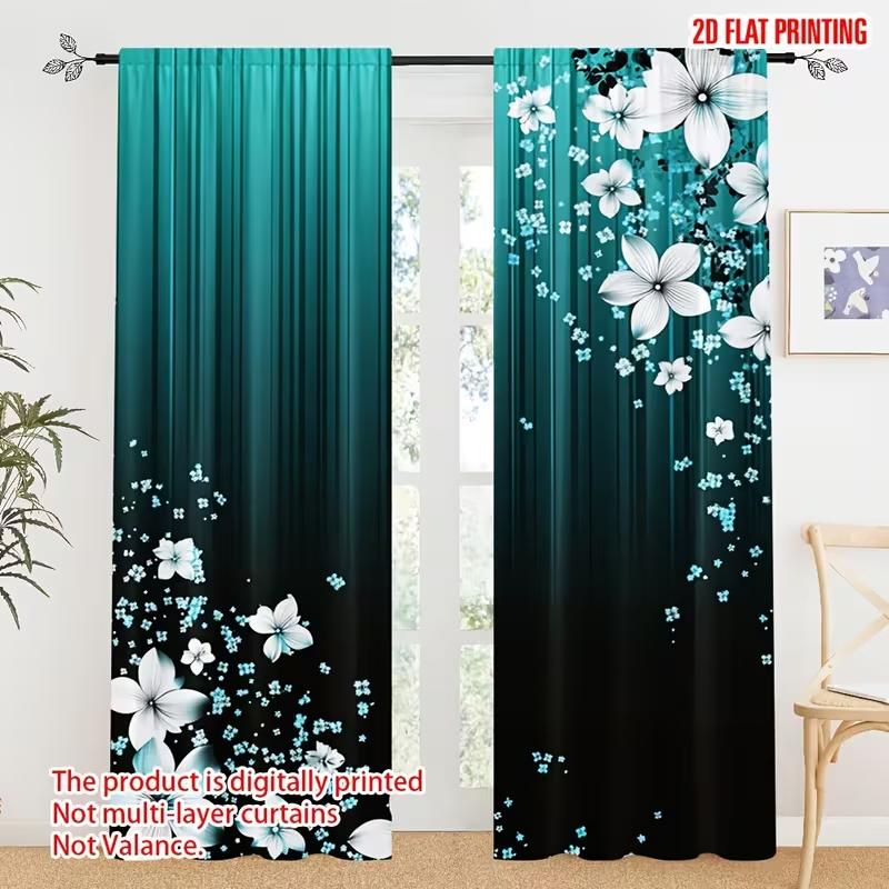 2PC Teal Black Floral Gradient Sheer Curtains - Sleek Modern Floral Print Window Drapes for Bedroom Living Room Decor