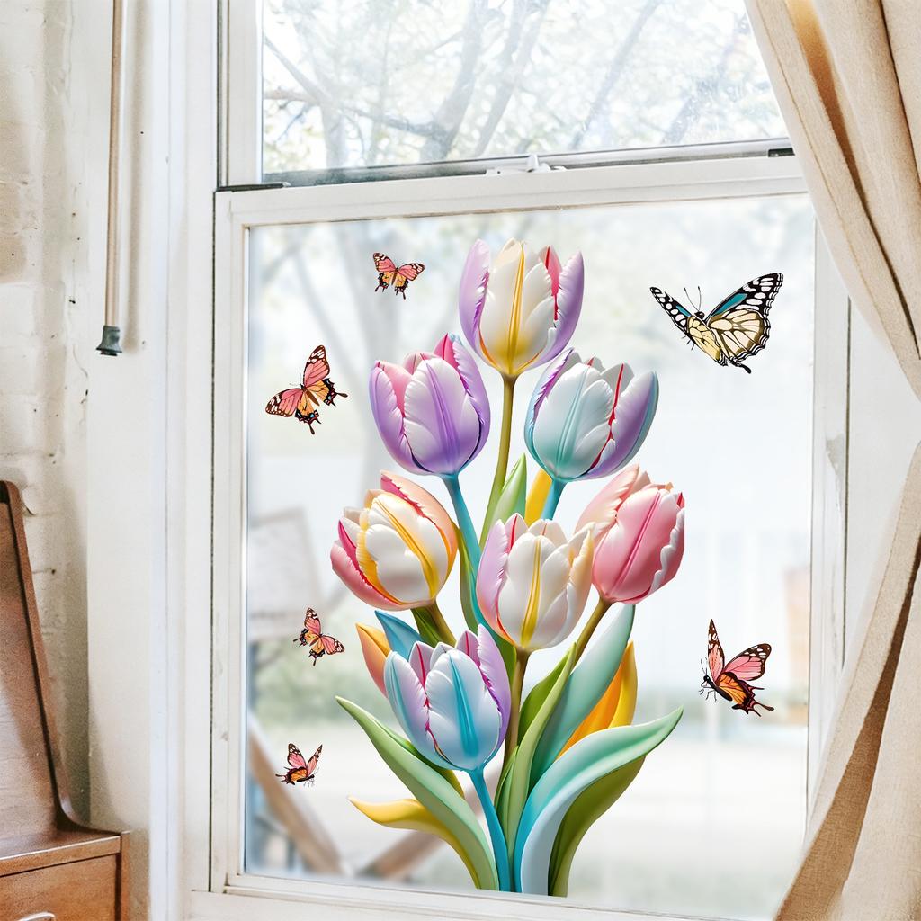 Colorful Tulips Butterflies Wall Sticker Set Modern Minimalist Home Decor for Living Room Study Waterproof Self-Adhesive Removable