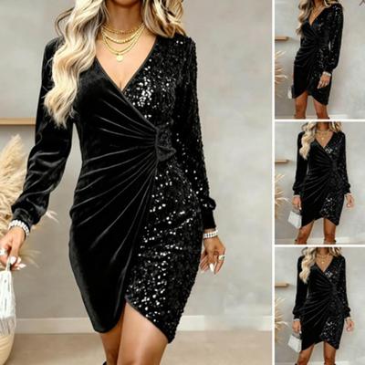 Women's Sequin Velvet Wrap Mini Dress Long Sleeve V Neck Ruched Bodycon Dress Wedding Guest Evening Gown Formal Cocktail Party Dress