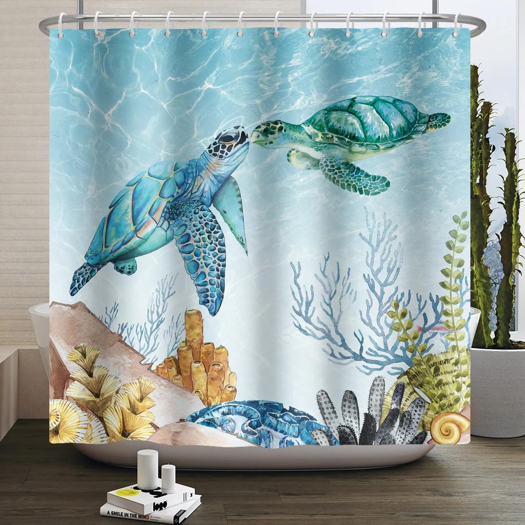 Sea Turtle Shower Curtain Ocean Animals Jellyfish Seahorse Starfish Nautical Underwater Marine Life Waterproof Bathroom Curtain