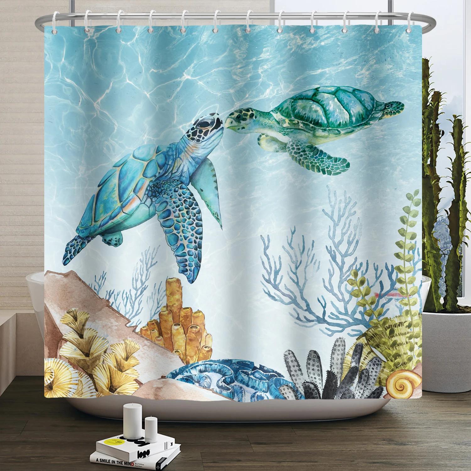 

Ocean Animals Shower Curtain Underwater Marine Life Sea Turtle Bath Curtain Waterproof Bathroom Decoration Screen With Hooks W60H190(CM)-1 Pcs