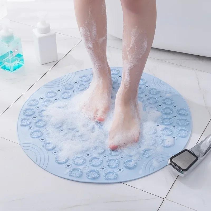Bathroom Mat Anti-slip Sucker Round Bath Mat with Drain Hole Bathing Rugs Foot Massage Pad Bathtub Soft Shower Mat