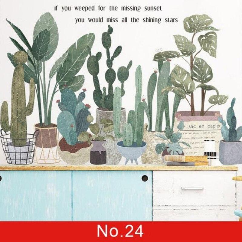 24 Styles Wall Stickers Decorated Tropical Green Leave Nordic Fresh Living Room Bedroom Stickers Plant Flowers Wall Decorations