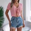 Women Crochet Tops Short Sleeve Lace-up Hollow Design Knitting Tops Sun Protection Summer Vacation Tops