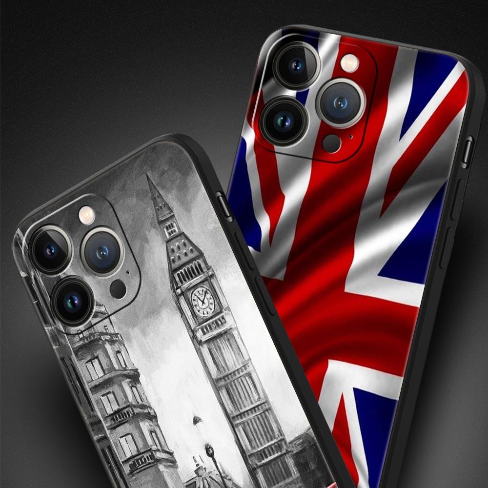 England UK Flags Phone Case For iPhone 17 16 15 Pro Max 11 12 13 14 7 8 Plus SE 2020 X XR XS Cover Soft Black