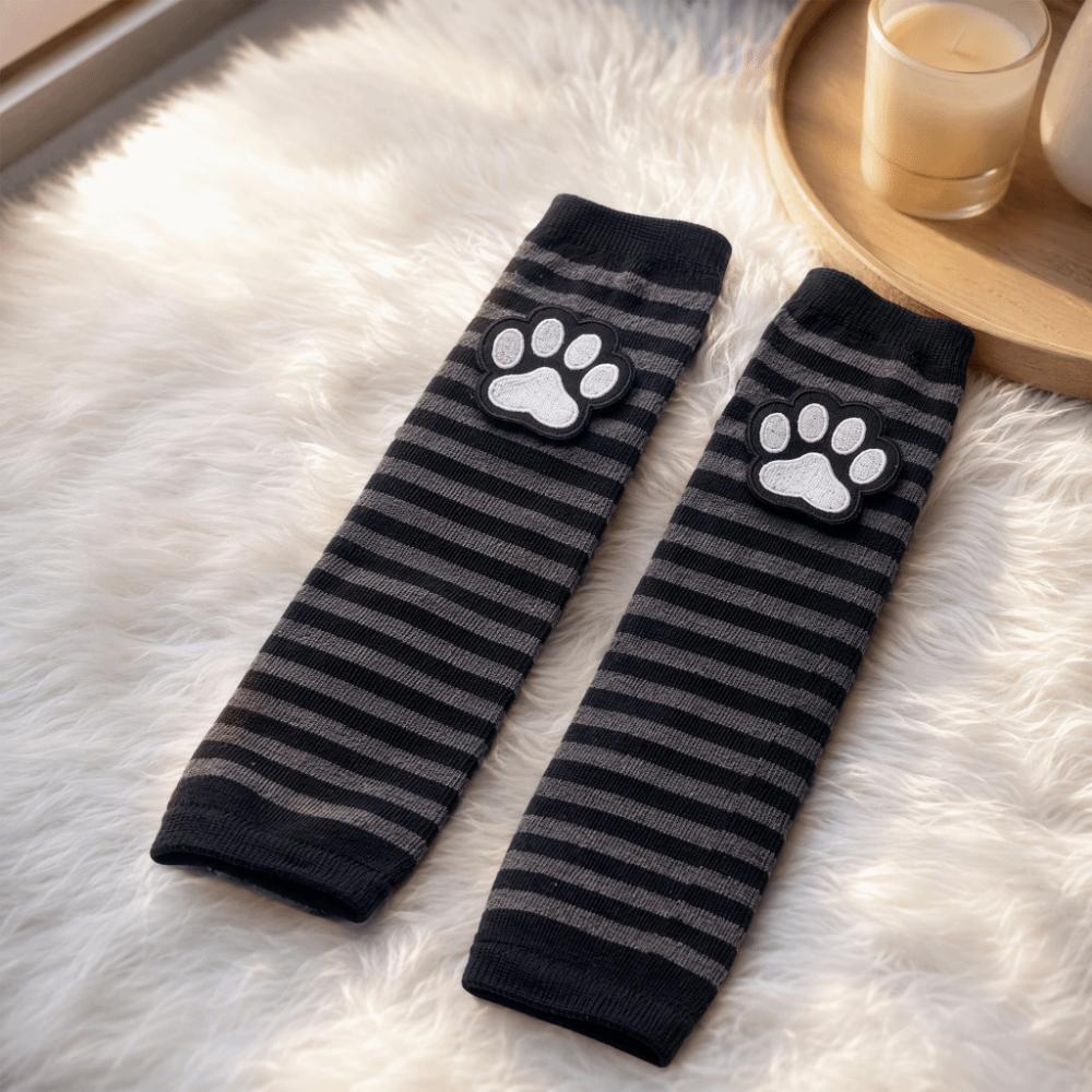 Black Arm Cover Striped Pattern Sleeves Gloves Cute Cat Claw Fingerless Gloves  for Women