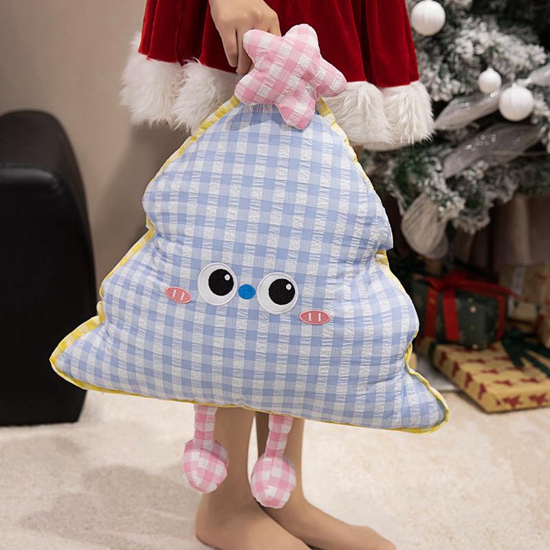 Christmas Tree Shape Decorative Cushion With Embroidered Grid Pattern For Sofa And Bed Decor