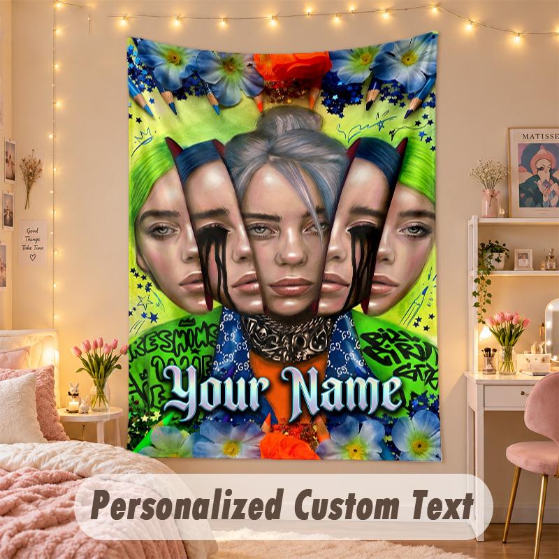 Custom Personalized Tapestry,Billie Eilish Print Custom Name Text Wall Art Hanging for Bedroom