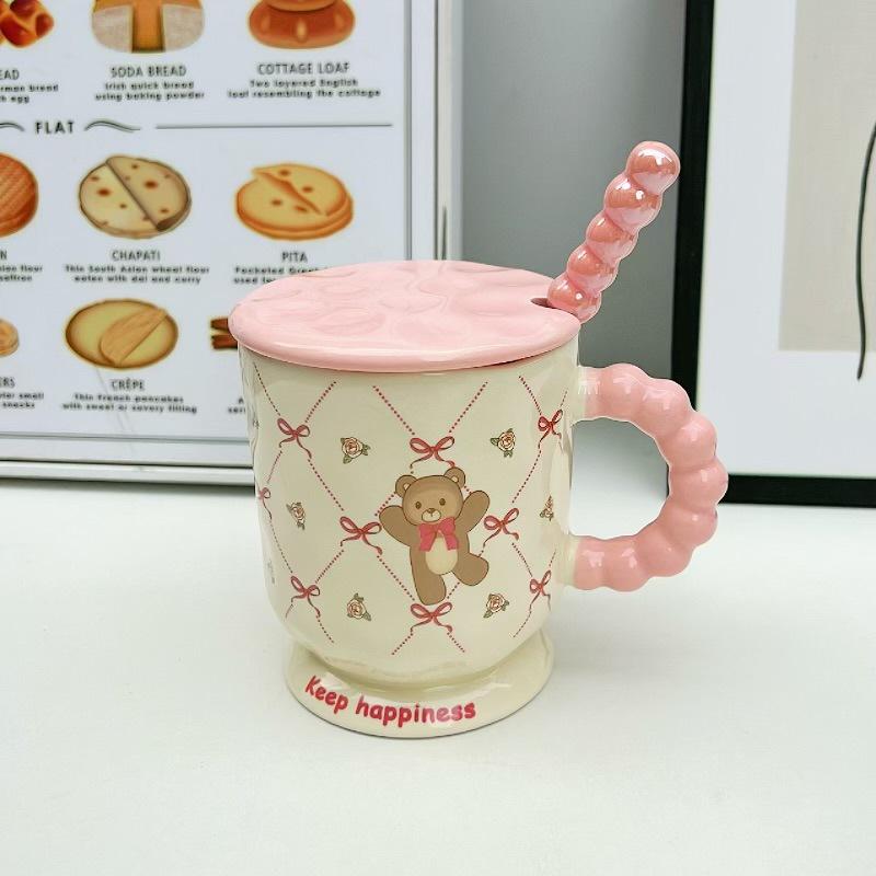 Cute High Value Cartoon Bear Mug with Lid Spoon Ceramic Water Cup for Girls Practical Birthday Gift for Friends