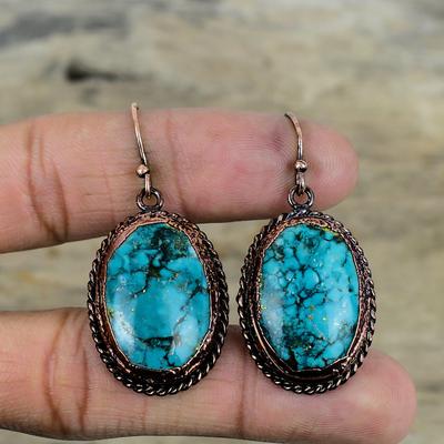 Boucles d'oreilles en turquoise tibétaine, boucles d'oreilles en cuivre électroformé, bijoux tibétains faits à la main, boucles d'oreilles neuves, bijoux en cuivre, cadeaux de fiançailles
