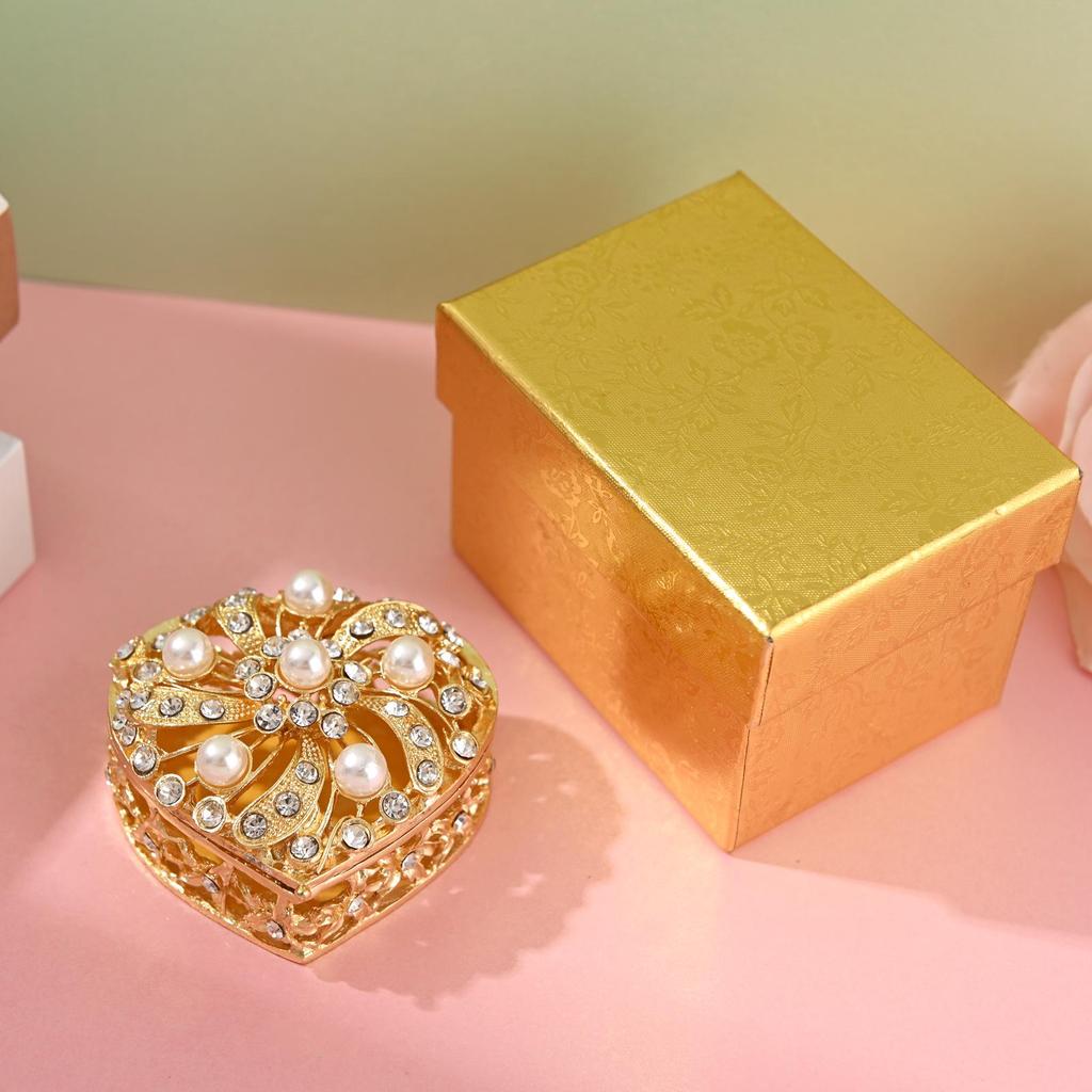 Silver-Plated Heart-Shaped Jewelry Box with Diamonds & Pearls