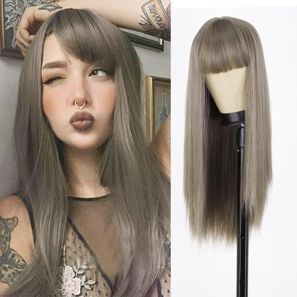 MERISIHAIR Long Straight Black Wig with Bangs Synthetic Hair Wigs Bang with Wig for Women Wine Red Gold Heat Resistant Wigs