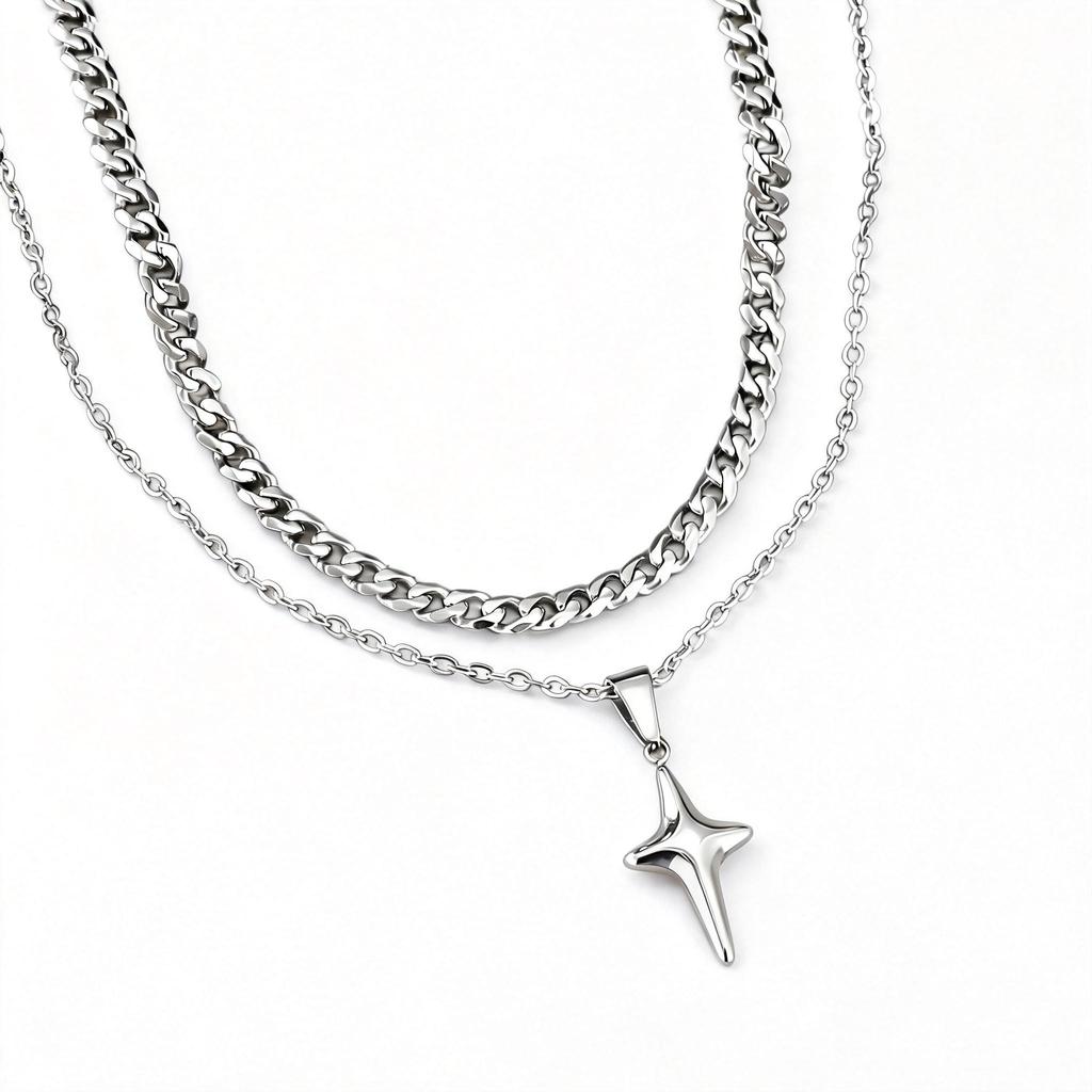 Simple Trendy Star Pendant Necklace, Silver Color Stainless Steel Choker for Men Fashion Party Punk Jewelry Accessories