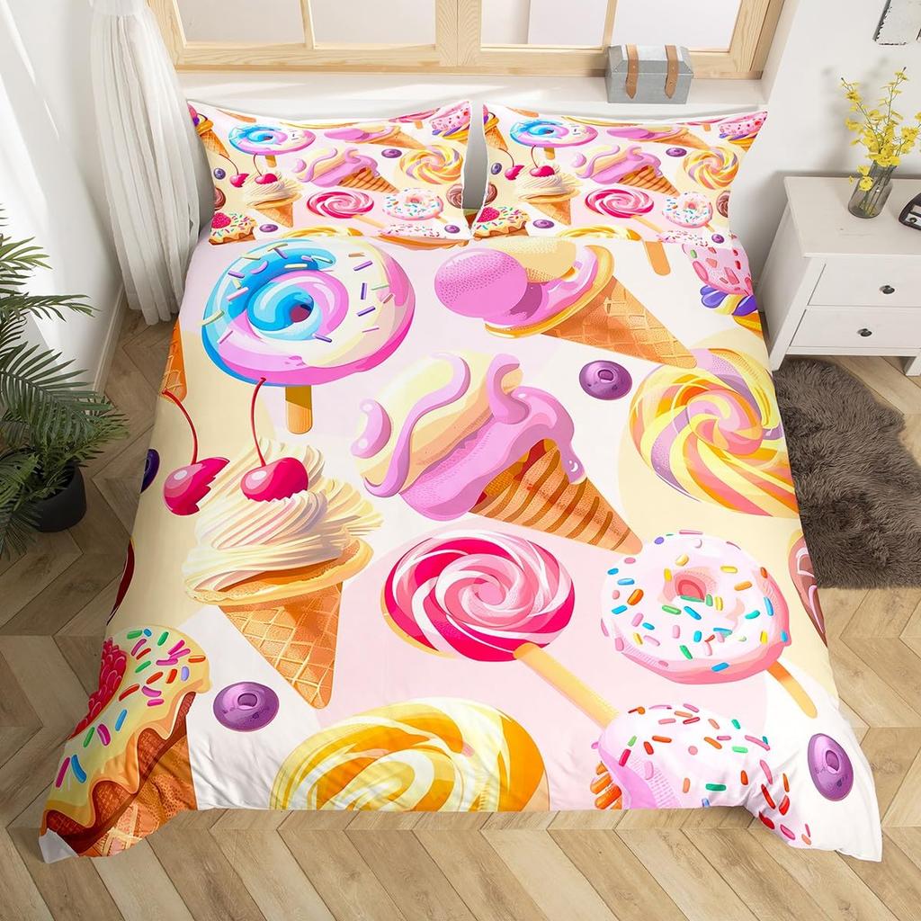 Cartoon Food Duvet Cover Twin Queen Size Yummy Dessert Bedding Set, Ice Cream Pattern Comforter Cover for Kids Girls Room Dorm