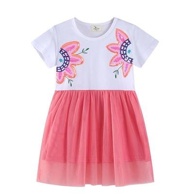 Robes d'été pour filles style européen avec broderies à paillettes - Robes de princesse à manches courtes avec patchwork en maille