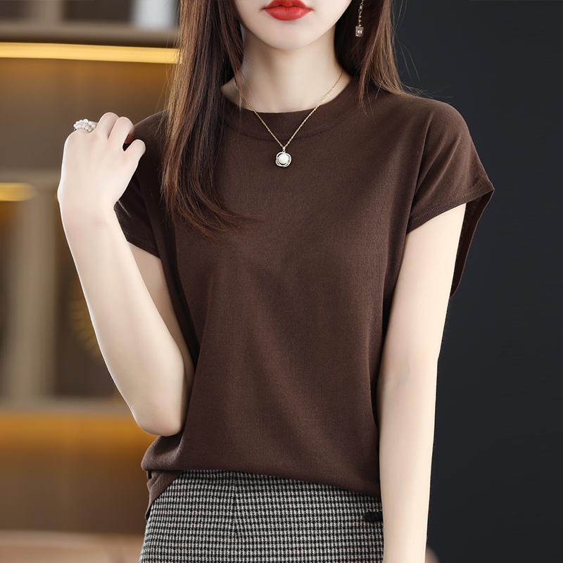 Fashion New Short Sleeve Slim Fit Casual T-shirt Women Summer Tops Round Neck Solid Elegant Knitted T Shirts Woman Simple Loose Ladies Tee 26041