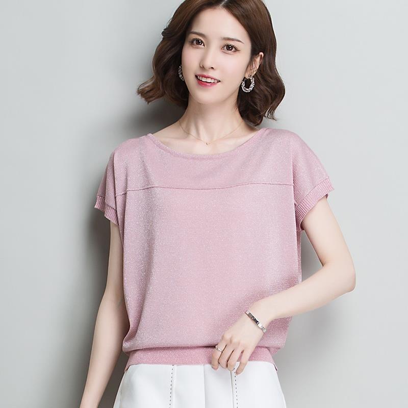 Plus Size Loose Summer Bat Sleeve Bright Silk Jersey Short Sleeve T-shirt for Women 40kg-100kg