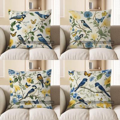 Décoration d'intérieur Oiseaux Bleus & Housse de coussin à motif floral Housse de coussin Convient pour canapé chambre voiture Housse de coussin