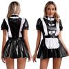 Womens Naughty Maid Uniform Clubwear Glossy Patent Leather Maid Cosplay Dress Ruffles Trims Bow Apron Puff Sleeve A-Line Dress