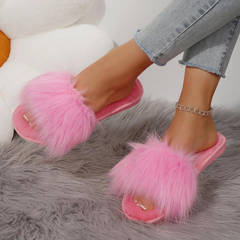 Fashion Winter Fluffy Plush Home Slippers for Women Solid Color Open Toe Flat Fur Slides Woman Comfortable Warm Indoor Bedroom Slippers