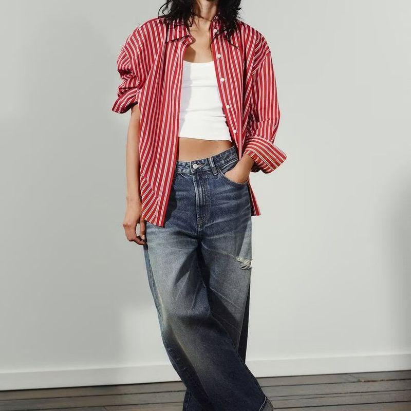 Za Autumn and Winter New Arrivals Women's Clothing Zr European and American Style Fashionable Versatile Striped Poplin Loose Shirt 8823531