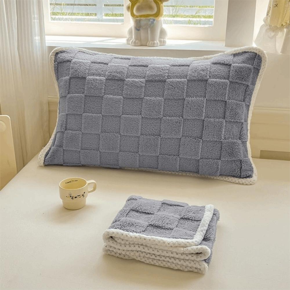 2 pieces Plush Pillow Cover Elastic Strap Pillow Towel Grid Jacquard Pillowcases  Dormitory