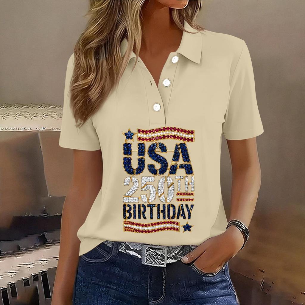 Women's Casual Short Sleeve Button Polo Shirt USA 250th Anniversary Print Relaxed Fit Lightweight Summer Top
