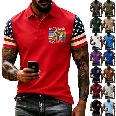 Men's Casual Short Sleeve Polo Shirt Independence Day Graphic Print Button Down Collar Slim Fit