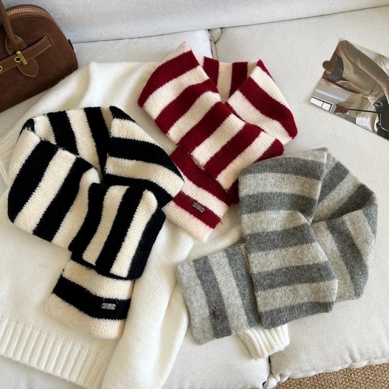 Korean Style Autumn and Winter White Two Color Striped Scarf Women's Wool Striped Cross Scarf Decoration and Warmth
