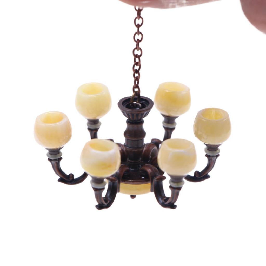 Dollhouse Miniature Retro Alloy Chandelier Pendant for Living Room Scene Decor