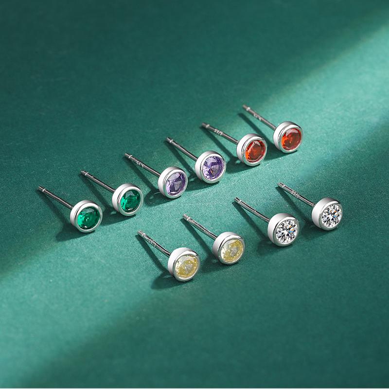 Classic Colored Round Full Diamond Stud Earring For WomenTopaz Ruby Amethyst Emerald Original Sterling Silver Gift Part Jewelry